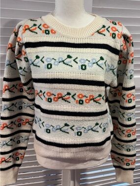 fab’rik Floral Knit Sweater Cream Striped Cottagecore Women M